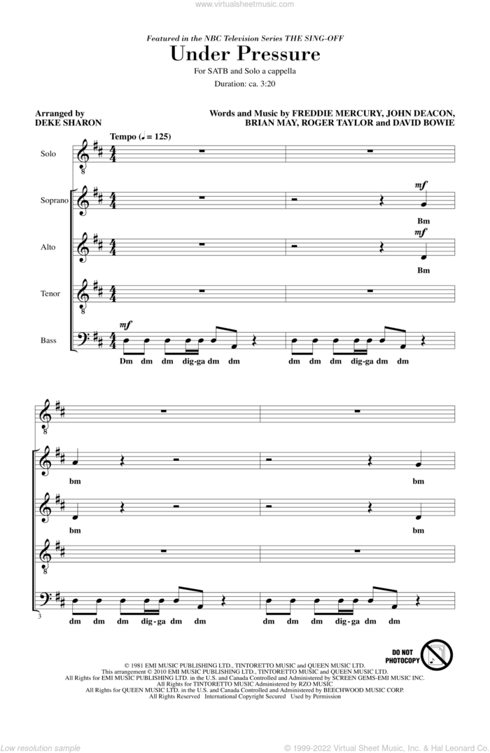 Under Pressure (from NBC's The Sing-Off) sheet music for choir (SATB: soprano, alto, tenor, bass) by Freddie Mercury, Brian May, David Bowie, John Deacon, Roger Taylor, Deke Sharon and Queen, intermediate skill level