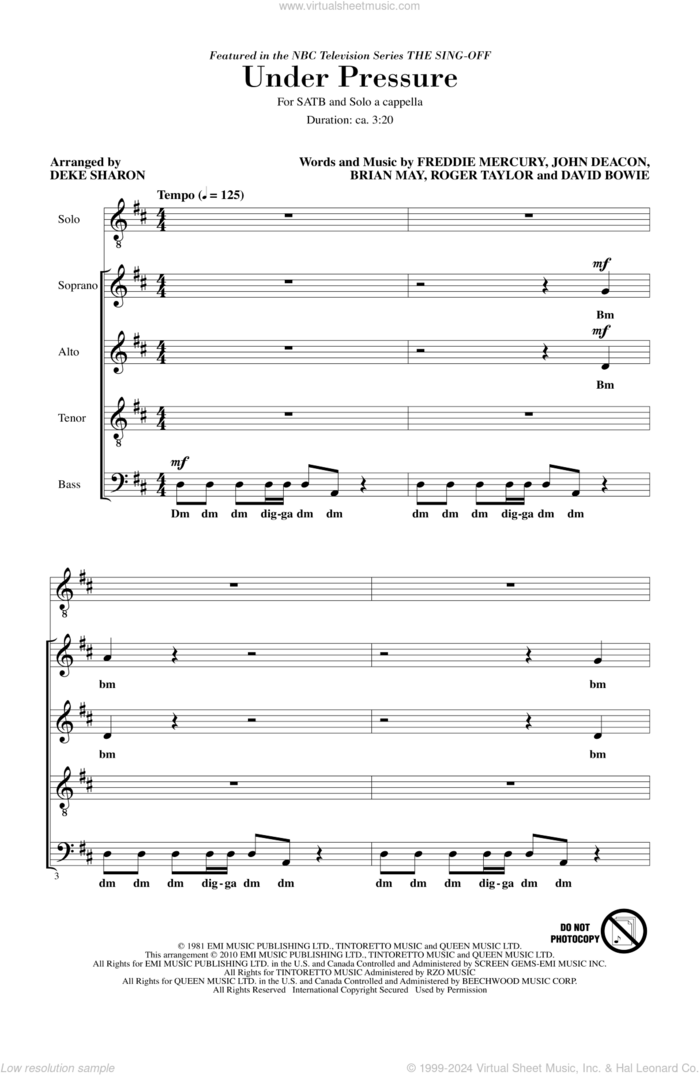 Under Pressure (from NBC's The Sing-Off) sheet music for choir (SATB: soprano, alto, tenor, bass) by Freddie Mercury, Brian May, David Bowie, John Deacon, Roger Taylor, Deke Sharon and Queen, intermediate skill level