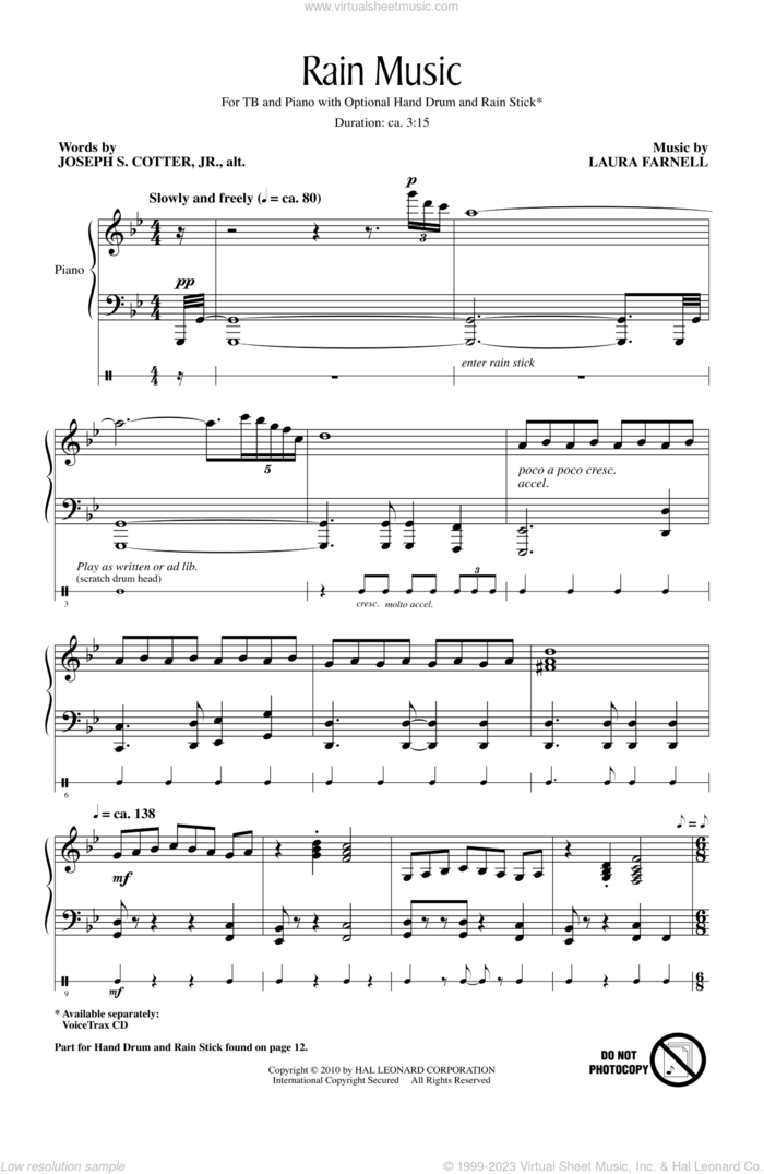 Rain Music sheet music for choir (TB: tenor, bass) by Laura Farnell and Joseph S. Cotter, Jr., intermediate skill level