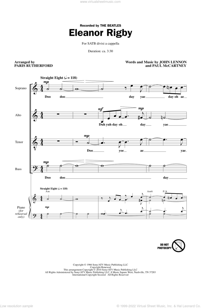 Eleanor Rigby sheet music for choir (SATB: soprano, alto, tenor, bass) by Paul McCartney, John Lennon, Paris Rutherford and The Beatles, intermediate skill level