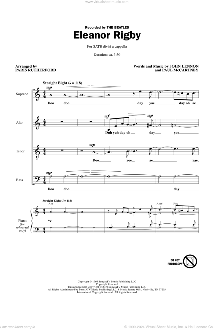 Eleanor Rigby sheet music for choir (SATB: soprano, alto, tenor, bass) by Paul McCartney, John Lennon, Paris Rutherford and The Beatles, intermediate skill level