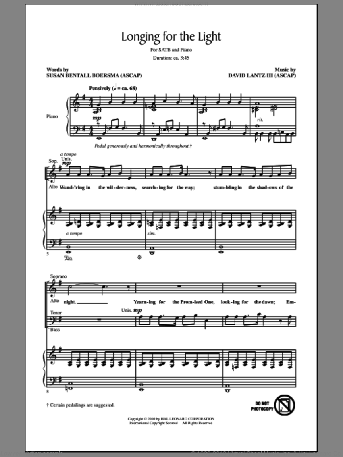 Longing For The Light sheet music for choir (SATB: soprano, alto, tenor, bass) by David Lantz and Susan Bentall Boersma, intermediate skill level