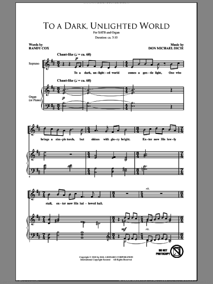 To A Dark Unlighted World sheet music for choir (SATB: soprano, alto, tenor, bass) by Randy Cox and Don Michael Dicie, intermediate skill level