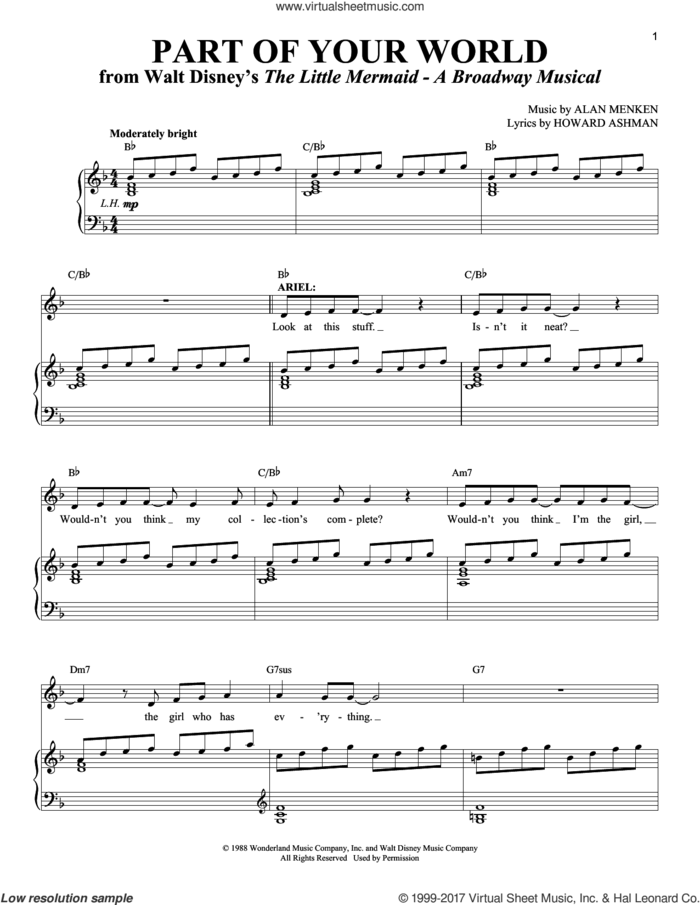 Part Of Your World (from The Little Mermaid) sheet music for voice, piano or guitar by Alan Menken, The Little Mermaid (Musical), Alan Menken & Howard Ashman and Howard Ashman, intermediate skill level