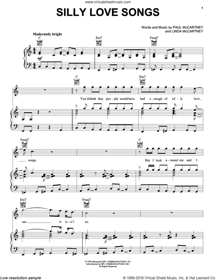 Silly Love Songs sheet music for voice, piano or guitar by Paul McCartney, Paul McCartney and Wings and Linda McCartney, intermediate skill level