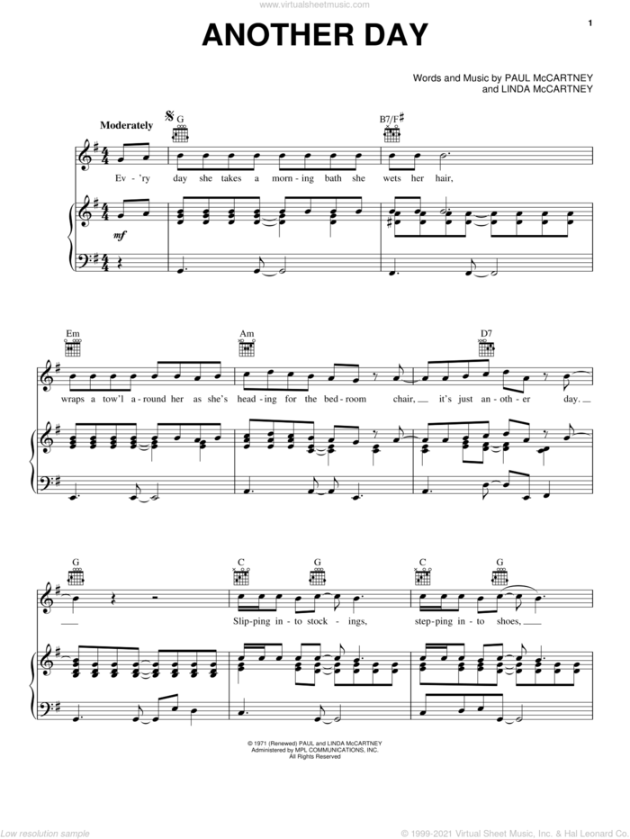 Another Day sheet music for voice, piano or guitar by Paul McCartney and Linda McCartney, intermediate skill level