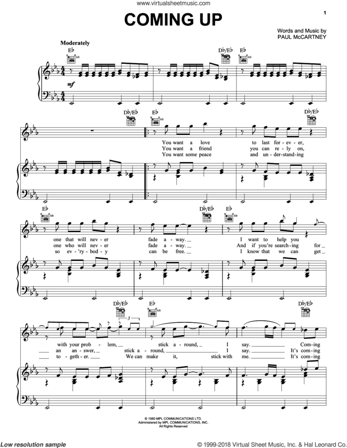 Coming Up sheet music for voice, piano or guitar by Paul McCartney, intermediate skill level