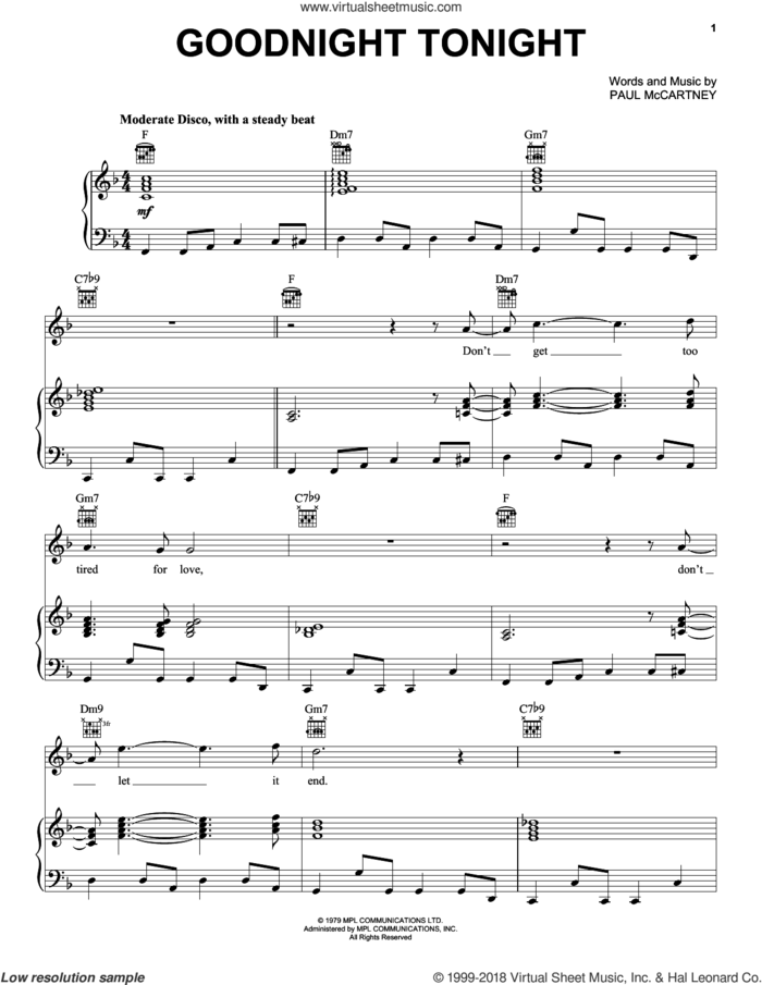 Goodnight Tonight sheet music for voice, piano or guitar by Paul McCartney and Paul McCartney and Wings, intermediate skill level