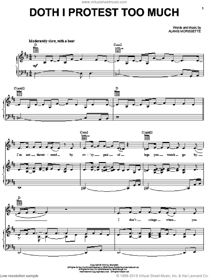 Doth I Protest Too Much sheet music for voice, piano or guitar by Alanis Morissette, intermediate skill level