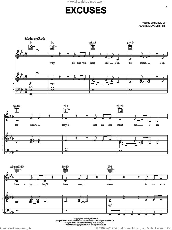 Excuses sheet music for voice, piano or guitar by Alanis Morissette, intermediate skill level
