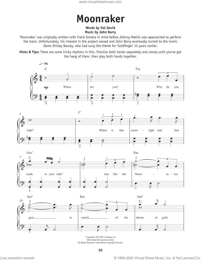 Moonraker, (beginner) sheet music for piano solo by Shirley Bassey, Hal David and John Barry, beginner skill level