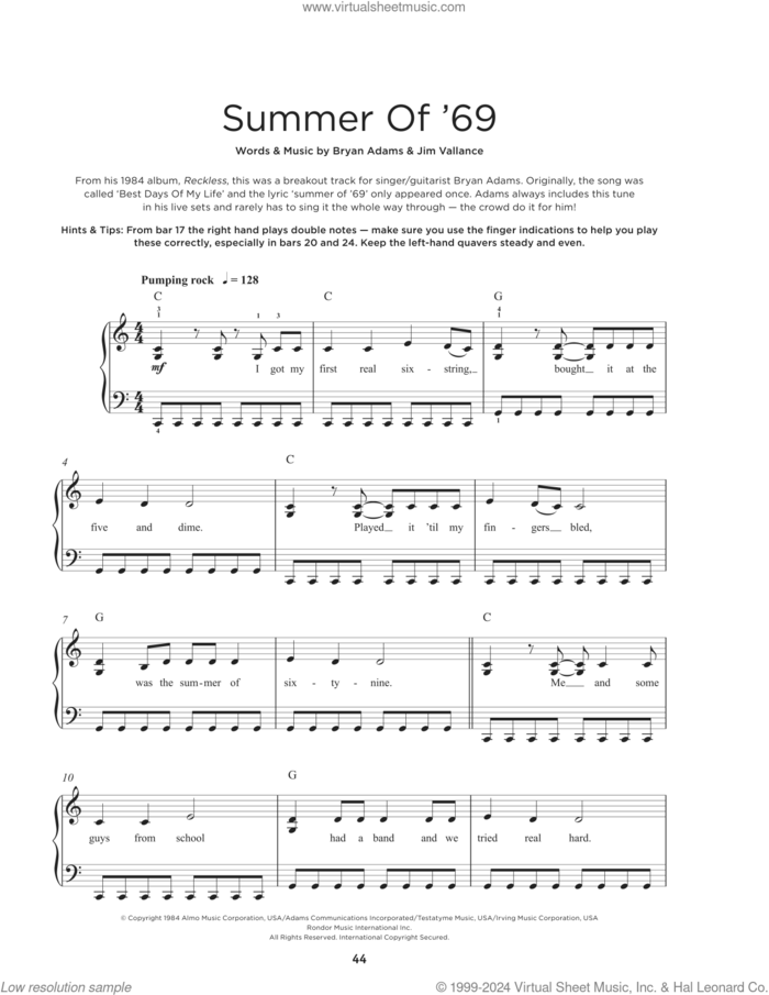 Summer Of '69 sheet music for piano solo by Bryan Adams and Jim Vallance, beginner skill level