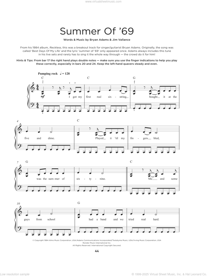 Summer Of '69 sheet music for piano solo by Bryan Adams and Jim Vallance, beginner skill level