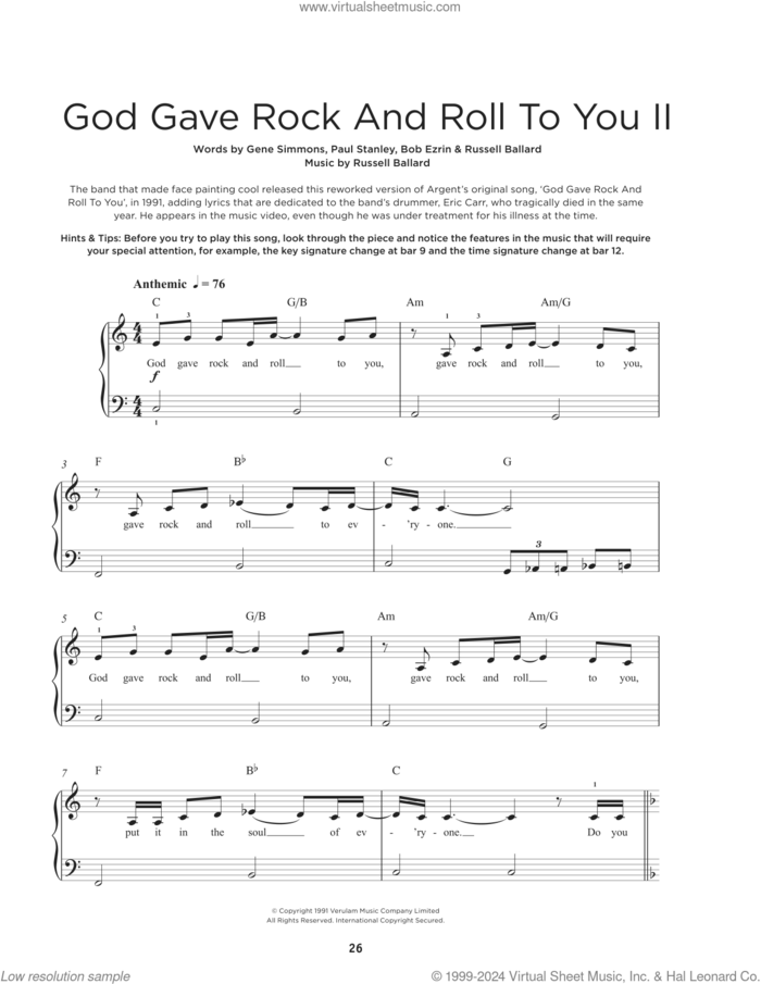 God Gave Rock and Roll To You II sheet music for piano solo by KISS, Bob Ballard, Bob Ezrin, Gene Simmons, Paul Stanley and Russ Ballard, beginner skill level