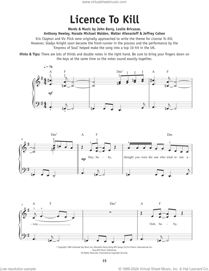 Licence To Kill, (beginner) sheet music for piano solo by Gladys Knight, Anthony Newley, Jeffrey Cohen, John Barry, Leslie Bricusse, Narada Michael Walden and Walter Afanasieff, beginner skill level