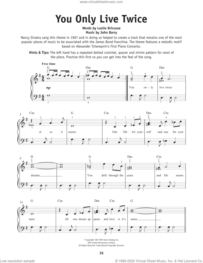 You Only Live Twice sheet music for piano solo by Leslie Bricusse and John Barry, beginner skill level