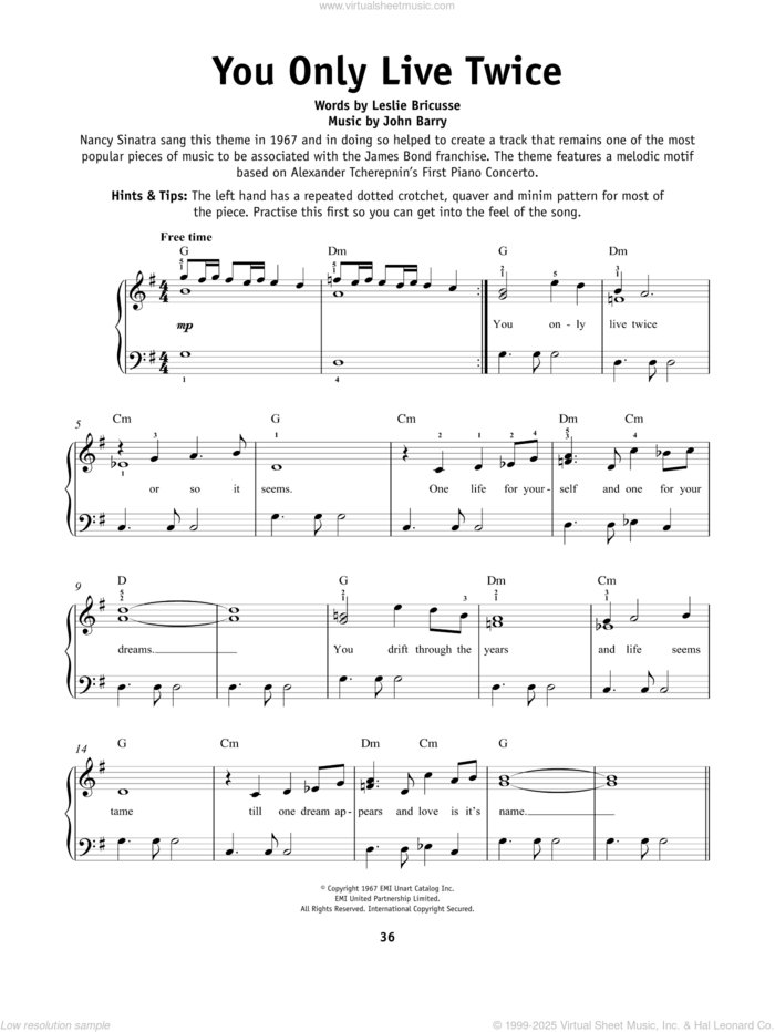 You Only Live Twice sheet music for piano solo by Leslie Bricusse and John Barry, beginner skill level