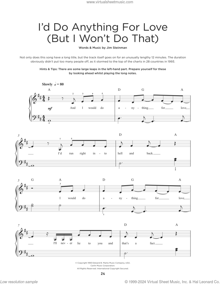 I'd Do Anything For Love (But I Won't Do That) sheet music for piano solo by Meat Loaf and Jim Steinman, beginner skill level