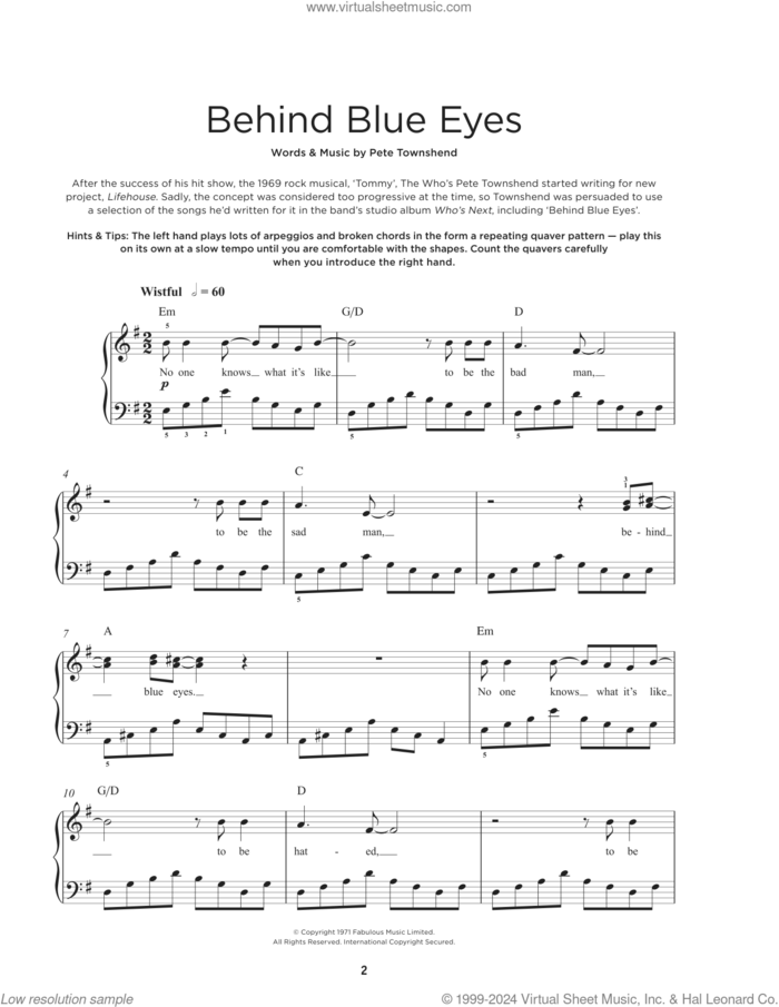 Behind Blue Eyes sheet music for piano solo by The Who, Limp Bizkit and Pete Townshend, beginner skill level