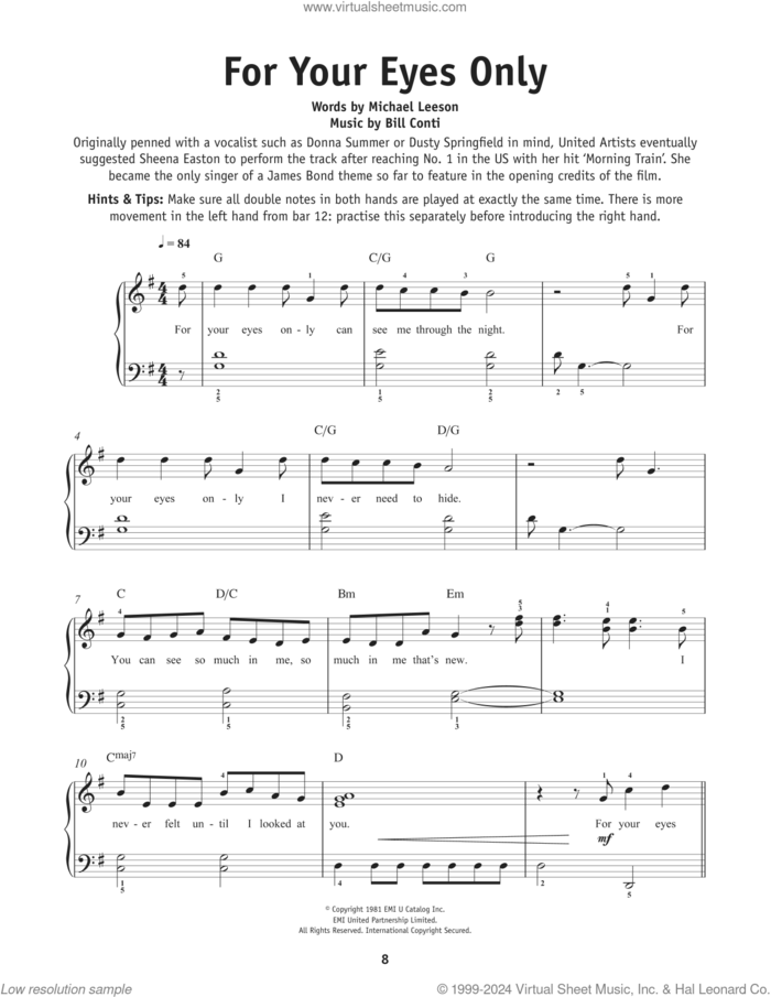 For Your Eyes Only sheet music for piano solo by Sheena Easton, Bill Conti and Michael Leeson, beginner skill level