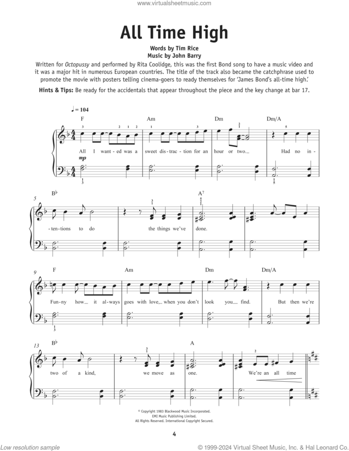 All Time High sheet music for piano solo by Rita Coolidge, John Barry and Tim Rice, beginner skill level