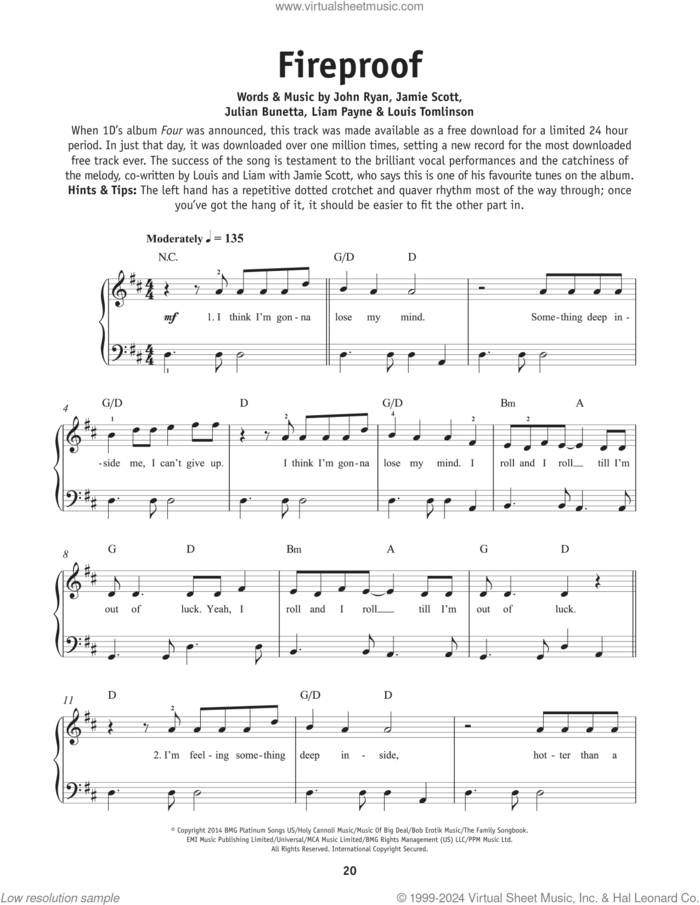 Fireproof sheet music for piano solo by One Direction, Jamie Scott, John Ryan, Julian Bunetta, Liam Payne and Louis Tomlinson, beginner skill level