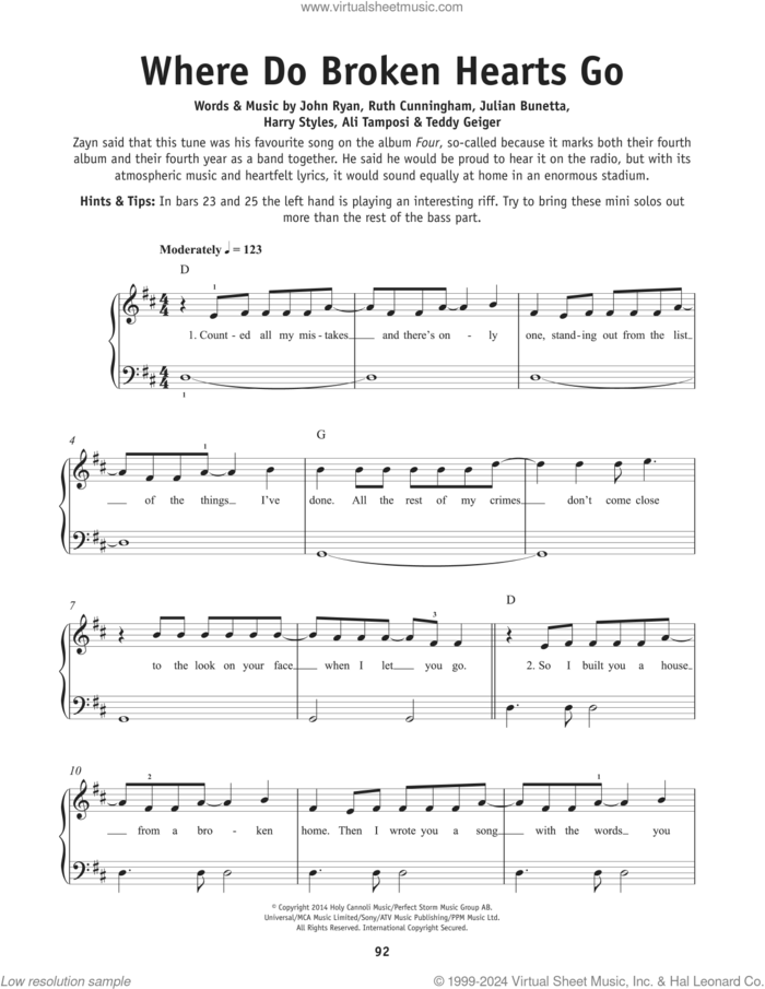 Where Do Broken Hearts Go sheet music for piano solo by One Direction, Alexandra Tamposi, Harry Styles, Julian Bunetta, Ruth Ann Cunningham and Teddy Geiger, beginner skill level