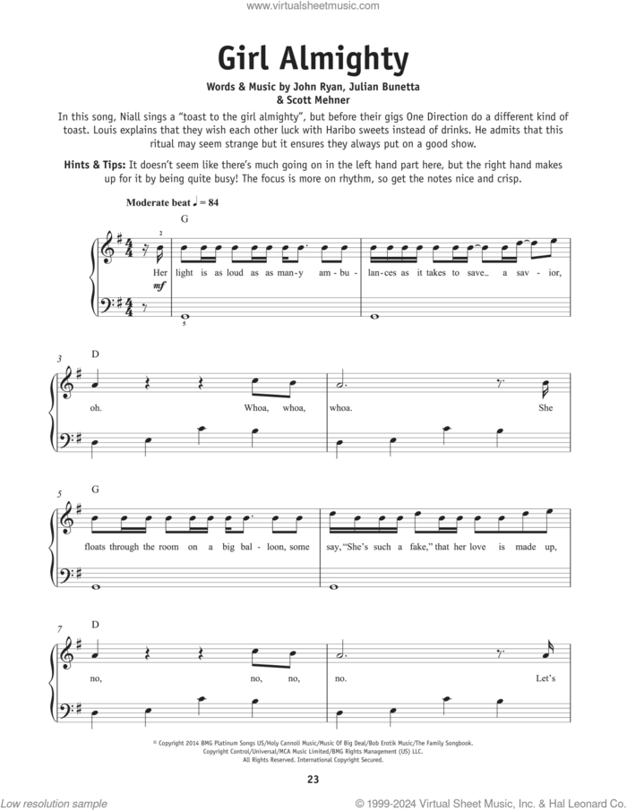 Girl Almighty sheet music for piano solo by One Direction, John Ryan, Julian Bunetta and Scott Mehner, beginner skill level