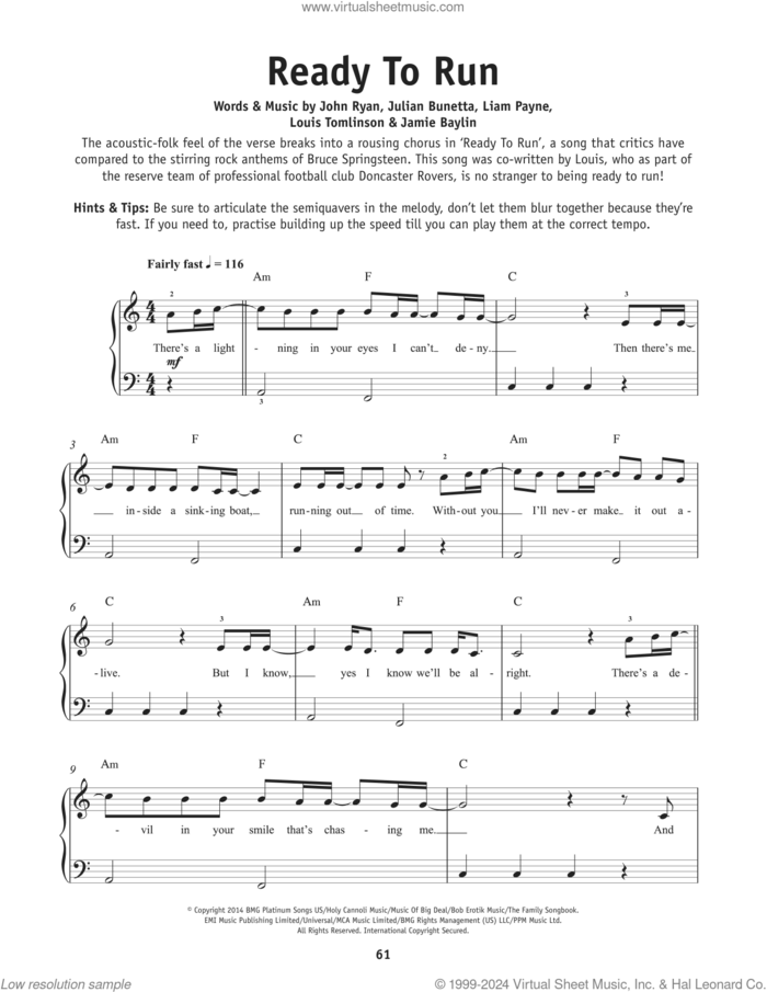 Ready To Run, (beginner) sheet music for piano solo by One Direction, Jamie Scott, John Ryan, Julian Bunetta, Liam Payne and Louis Tomlinson, beginner skill level