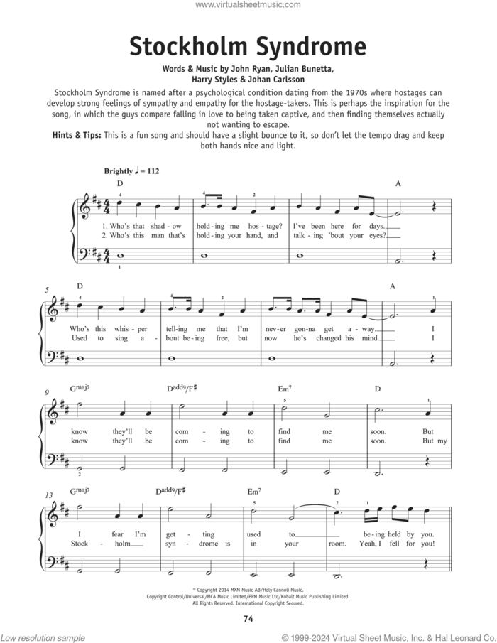 Stockholm Syndrome sheet music for piano solo by One Direction, Harry Styles, Johan Carlsson, John Ryan and Julian Bunetta, beginner skill level