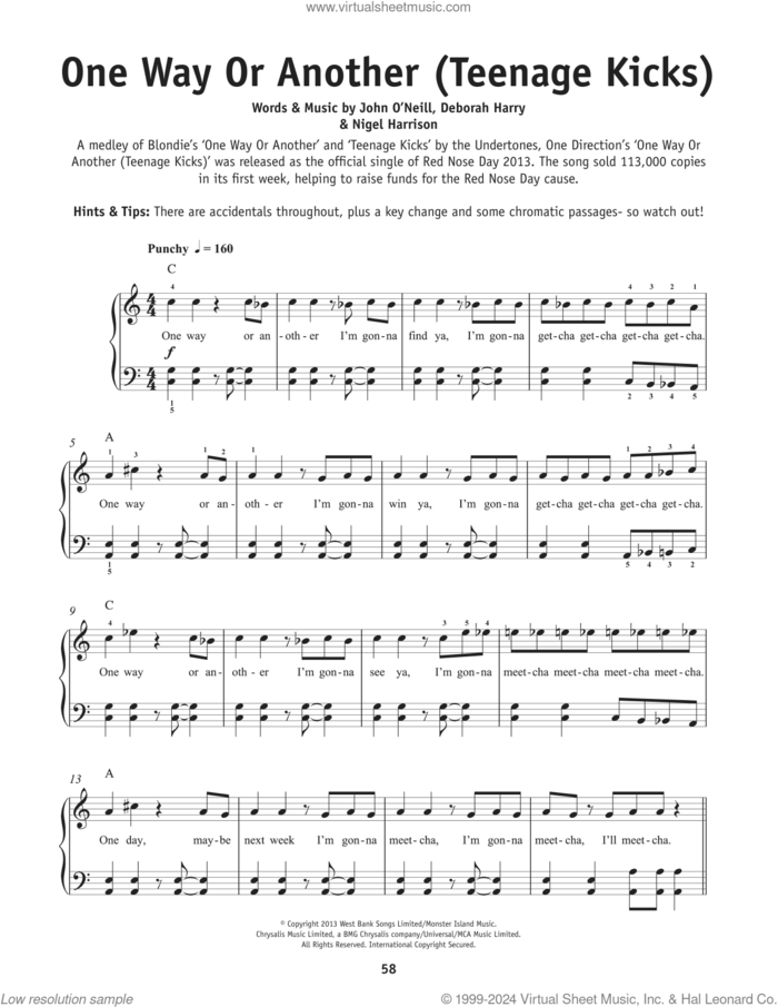 One Way Or Another (Teenage Kicks), (beginner) sheet music for piano solo by One Direction, Deborah Harry and Nigel Harrison, beginner skill level