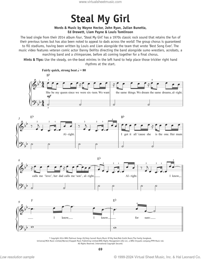 Steal My Girl sheet music for piano solo by One Direction, Edward Drewett, John Ryan, Julian Bunetta, Liam Payne, Louis Tomlinson and Wayne Hector, beginner skill level