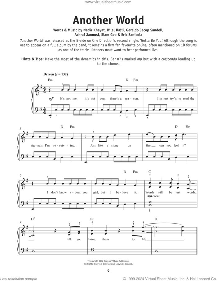 Another World sheet music for piano solo by One Direction, Achraf Jannusi, Bilal Hajji, Eric Sanicola, Geraldo Jacop Sandell, Nadir Khayat and Slam Geo, beginner skill level