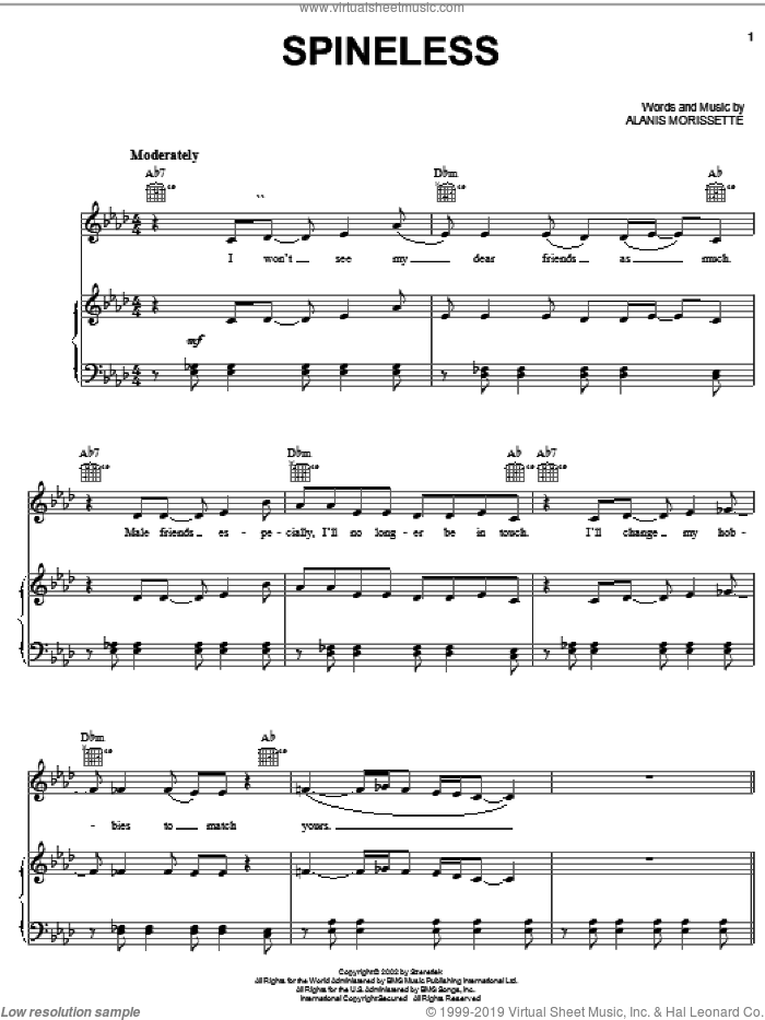 Spineless sheet music for voice, piano or guitar by Alanis Morissette, intermediate skill level
