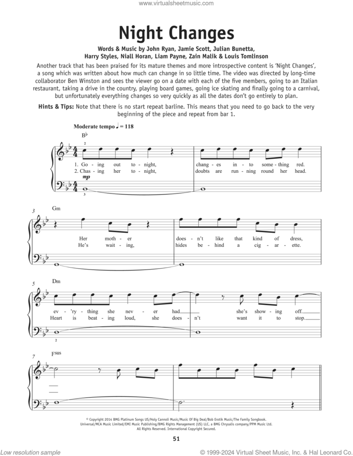 Night Changes, (beginner) sheet music for piano solo by One Direction, Harry Styles, Jamie Scott, John Ryan, Julian Bunetta, Liam Payne, Louis Tomlinson, Niall Horan and Zayn Malik, beginner skill level