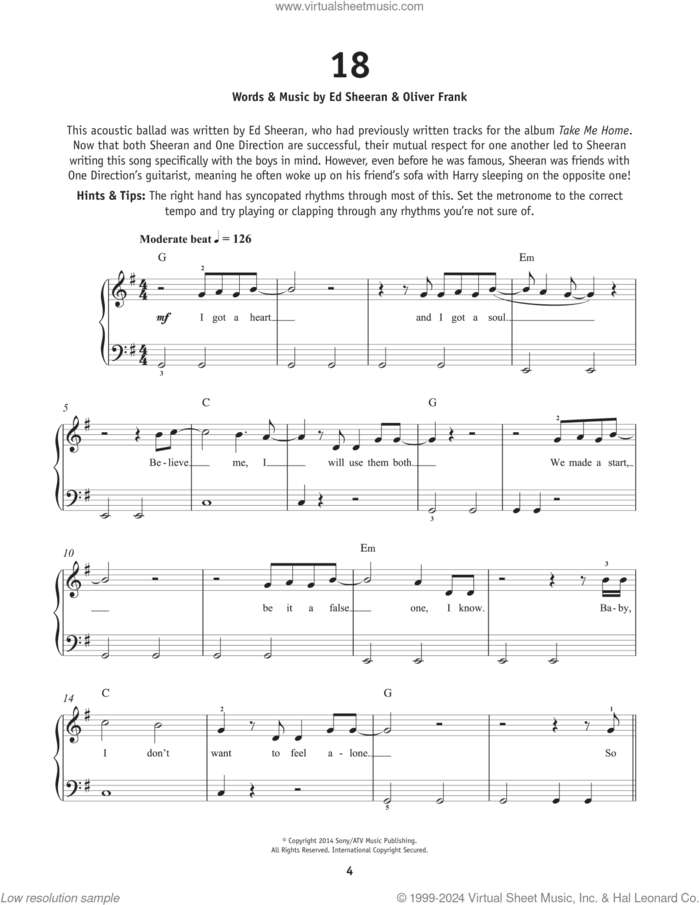 18 sheet music for piano solo by One Direction, Ed Sheeran and Oliver Frank, beginner skill level