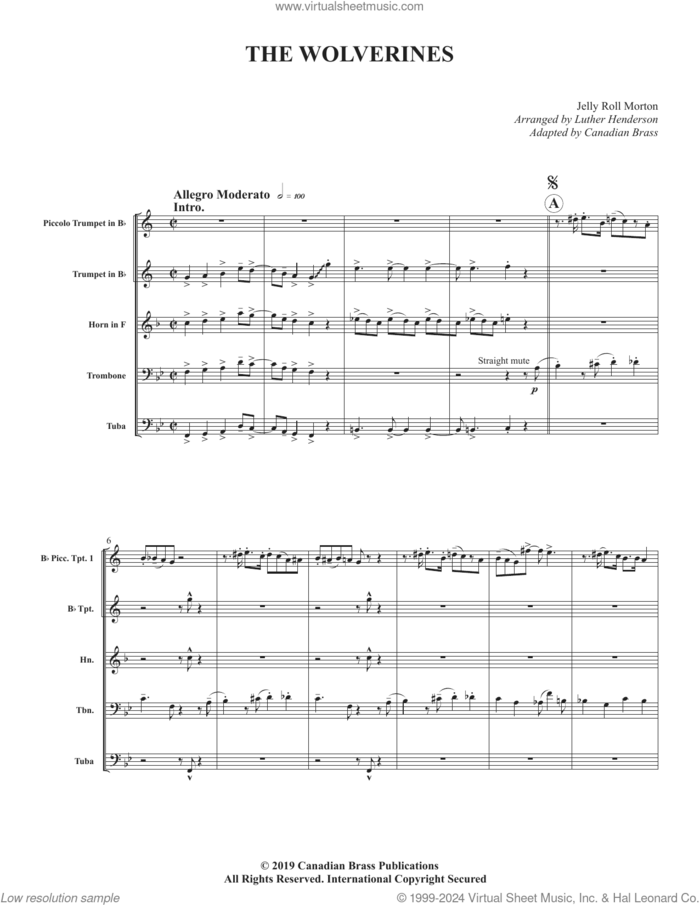 The Wolverines (COMPLETE) sheet music for brass quintet by Canadian Brass, Jelly Roll Morton and Luther Henderson, intermediate skill level