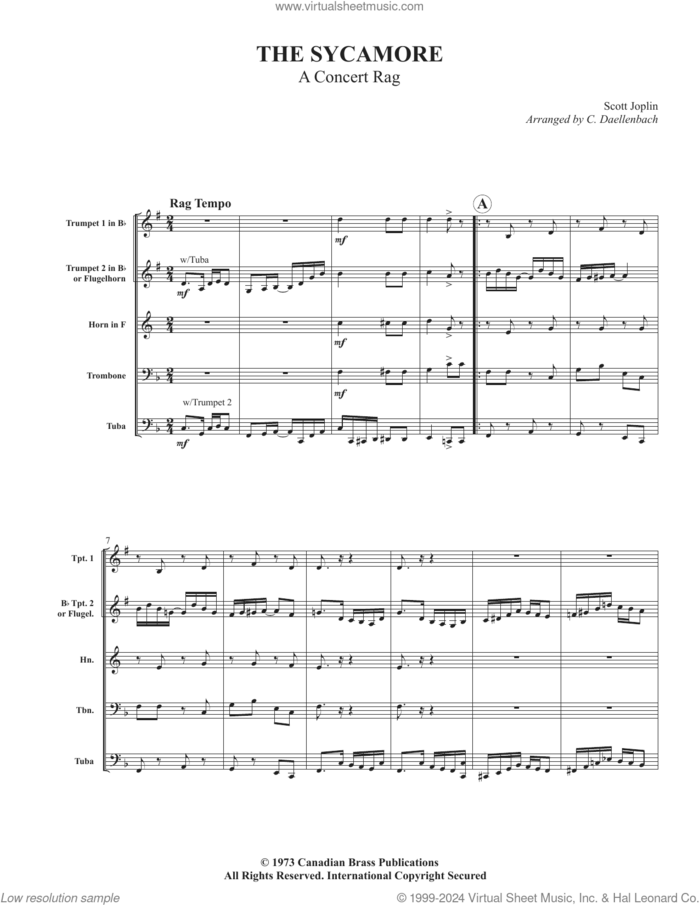 The Sycamore (COMPLETE) sheet music for brass ensemble by Canadian Brass, C. Daellenbach and Scott Joplin, intermediate skill level