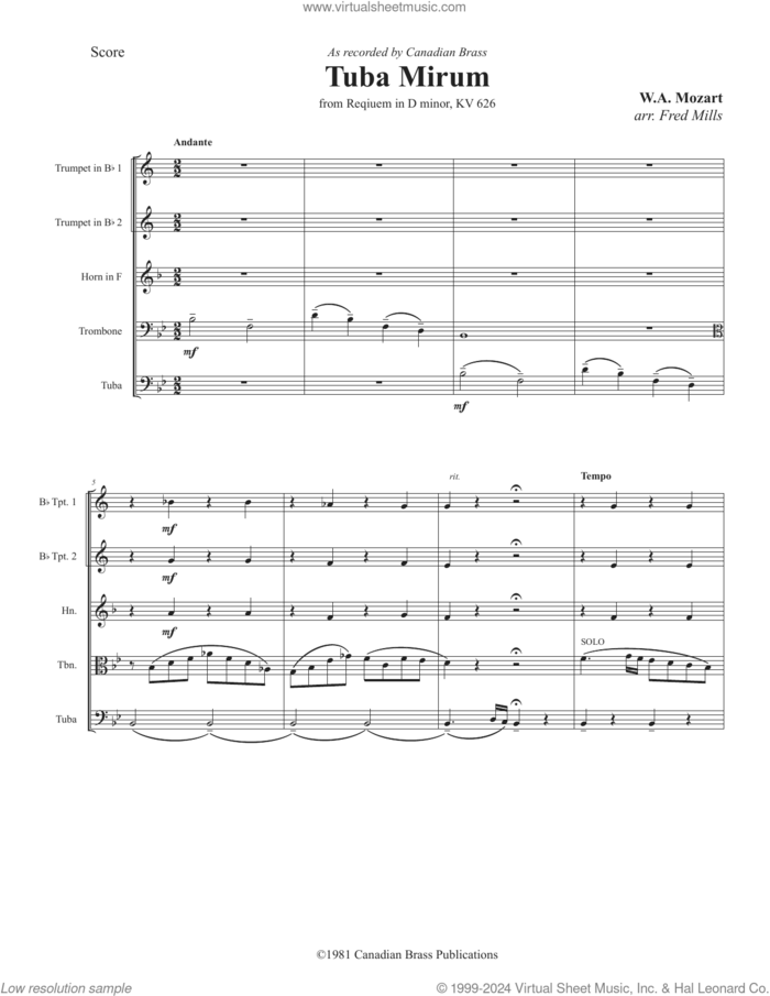 Tuba Mirum (COMPLETE) sheet music for brass quintet by Canadian Brass, Fred Mills and Wolfgang Amadeus Mozart, classical score, intermediate skill level