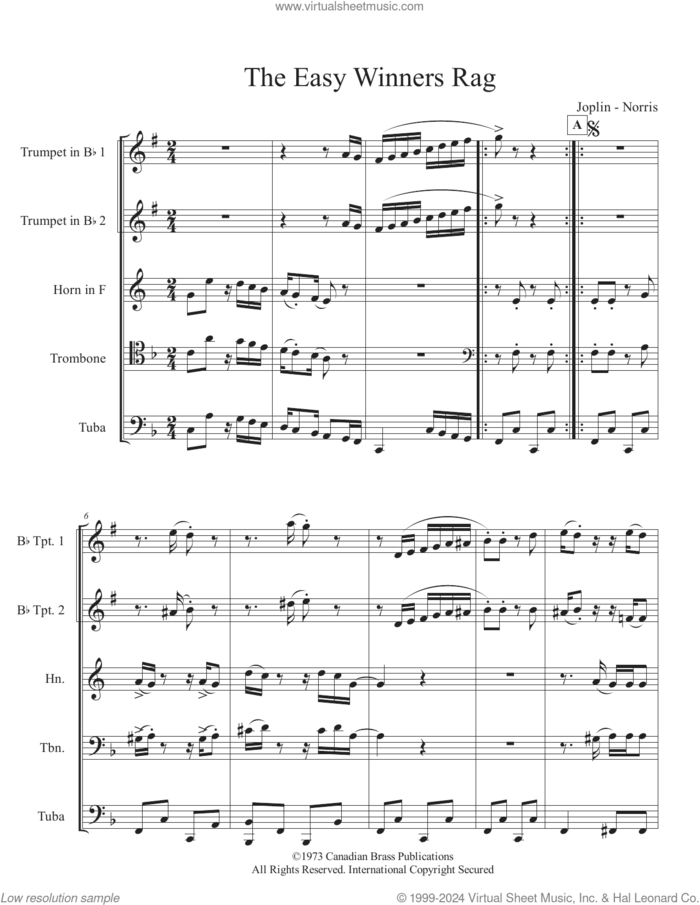 The Easy Winners Rag (COMPLETE) sheet music for brass quintet by Canadian Brass, Lee Norris and Scott Joplin, intermediate skill level