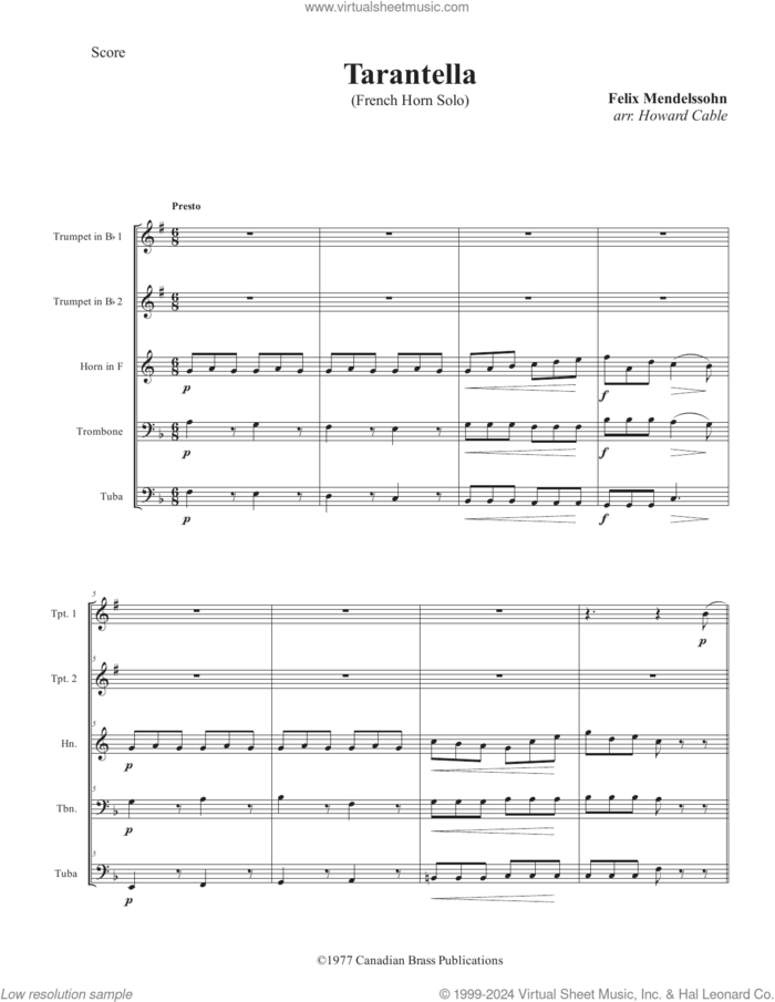 Tarantella (COMPLETE) sheet music for brass quintet by Canadian Brass, Felix Mendelssohn-Bartholdy and Howard Cable, classical score, intermediate skill level