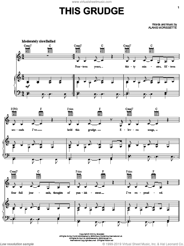 This Grudge sheet music for voice, piano or guitar by Alanis Morissette, intermediate skill level