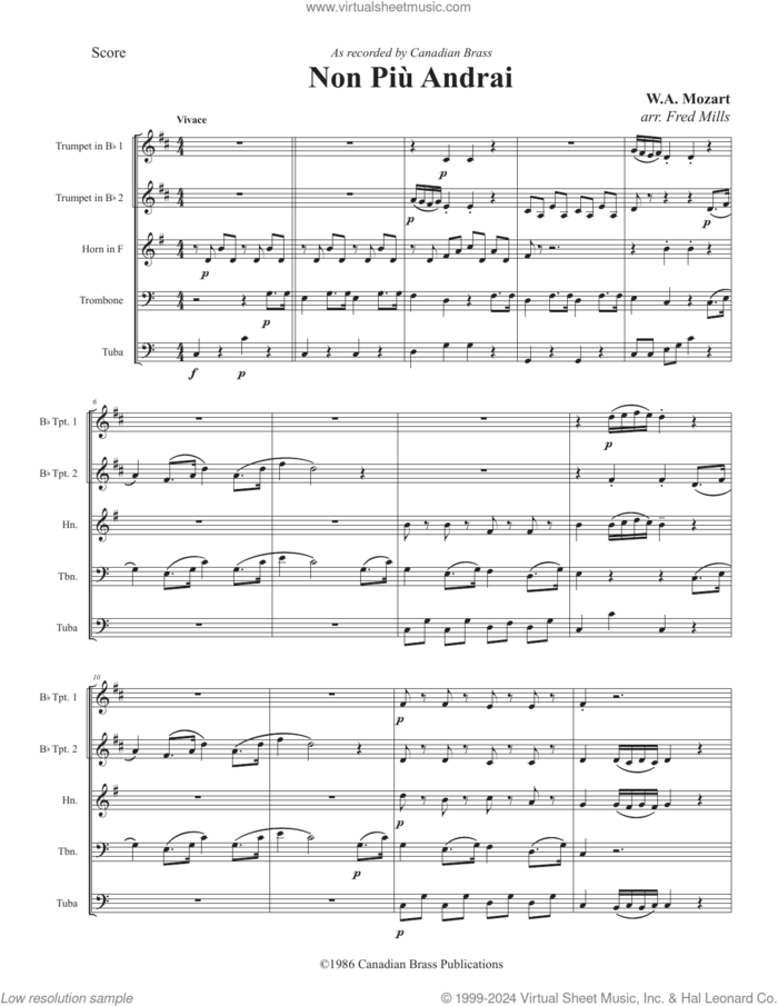 Non Piu Andrai (COMPLETE) sheet music for brass ensemble by Canadian Brass, Fred Mills and Wolfgang Amadeus Mozart, classical score, intermediate skill level