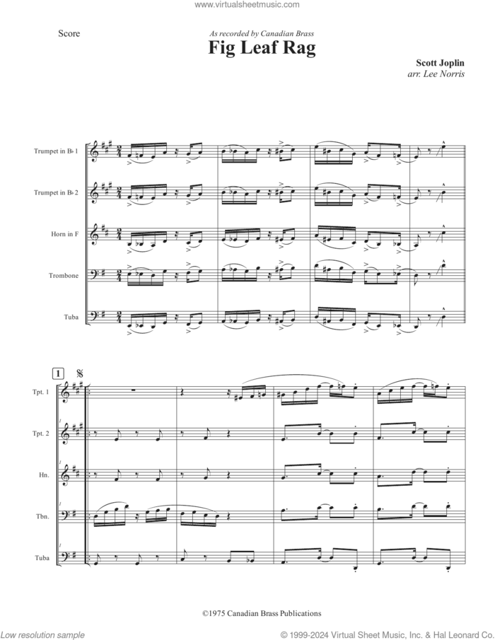 Fig Leaf Rag (COMPLETE) sheet music for brass quintet by Canadian Brass, Lee Norris and Scott Joplin, intermediate skill level