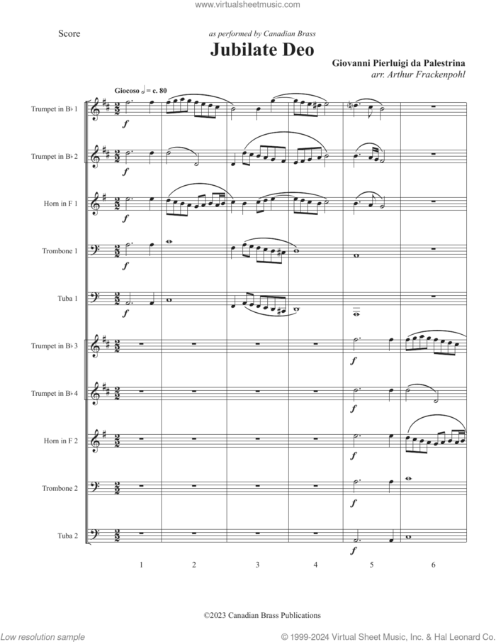 Jubilate Deo (Double Quintet) sheet music for brass quintet (full score) by Canadian Brass, Arthur Frackenpohl and Giovanni Perluigi Da Palestrina, classical score, intermediate skill level