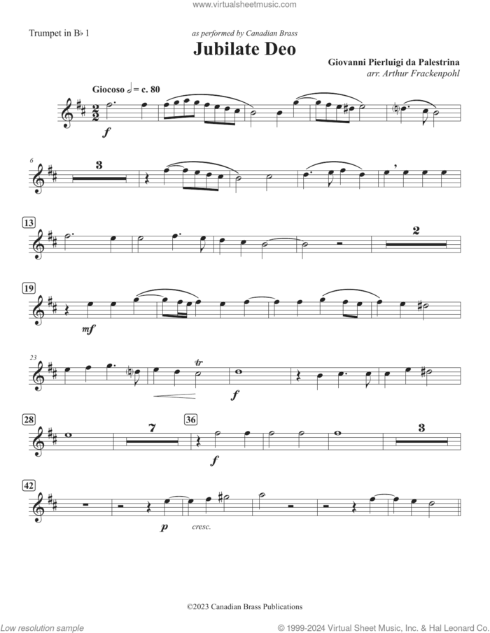 Jubilate Deo (Double Quintet) sheet music for brass quintet (Bb trumpet 1) by Canadian Brass, Arthur Frackenpohl and Giovanni Perluigi Da Palestrina, classical score, intermediate skill level