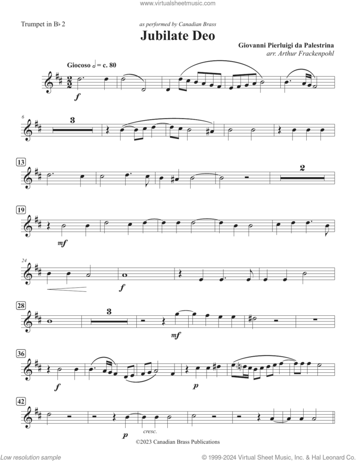 Jubilate Deo (Double Quintet) sheet music for brass quintet (Bb trumpet 2) by Canadian Brass, Arthur Frackenpohl and Giovanni Perluigi Da Palestrina, classical score, intermediate skill level