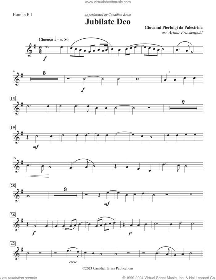 Jubilate Deo (Double Quintet) sheet music for brass quintet (f horn 1) by Canadian Brass, Arthur Frackenpohl and Giovanni Perluigi Da Palestrina, classical score, intermediate skill level