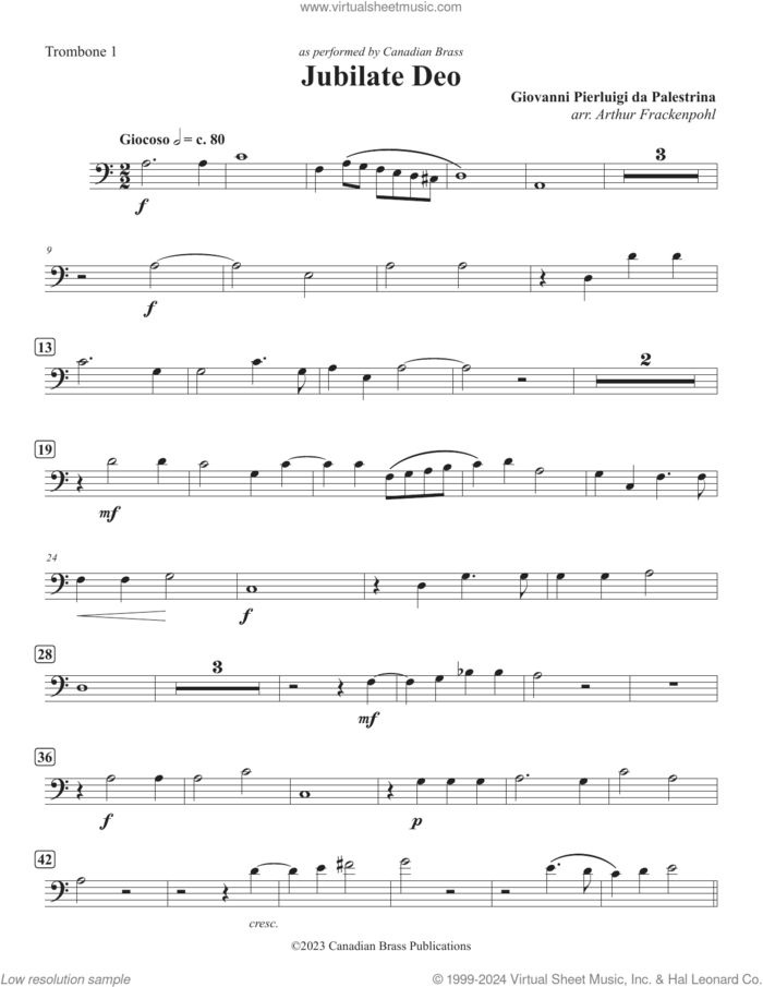 Jubilate Deo (Double Quintet) sheet music for brass quintet (trombone 1) by Canadian Brass, Arthur Frackenpohl and Giovanni Perluigi Da Palestrina, classical score, intermediate skill level