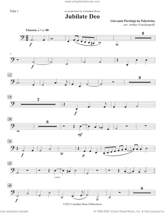 Jubilate Deo (Double Quintet) sheet music for brass ensemble (tuba 1) by Canadian Brass, Arthur Frackenpohl and Giovanni Perluigi Da Palestrina, classical score, intermediate skill level